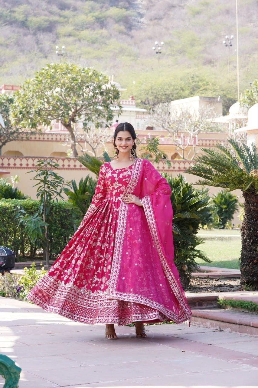 Pink Viscose Diable Jacquard Gown with Sequins Embroidery and Matching Dupatta – Trendy Partywear Outfit