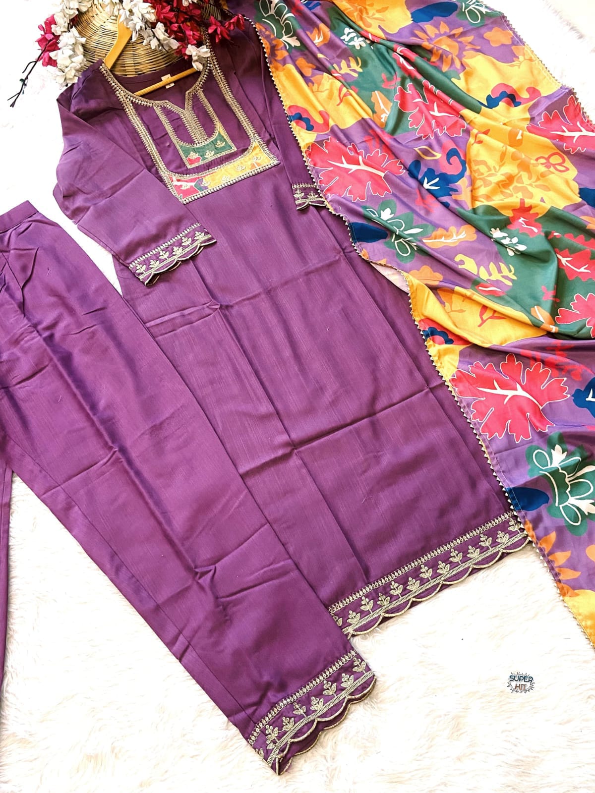 PURPEL COLOUR EMBROIDERY WORK KURTI WITH PRINTED DUPATTA