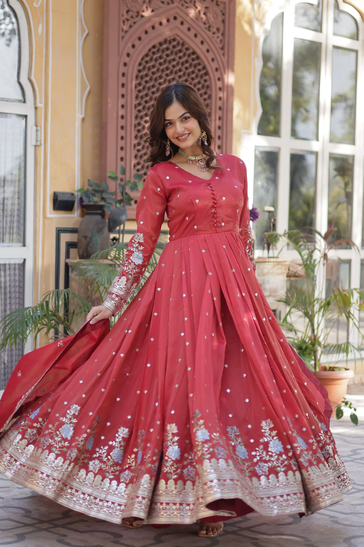 Rani Pink Viscose Cosmos Gown with Zari & Sequin Foil Embroidery – Festive Wear