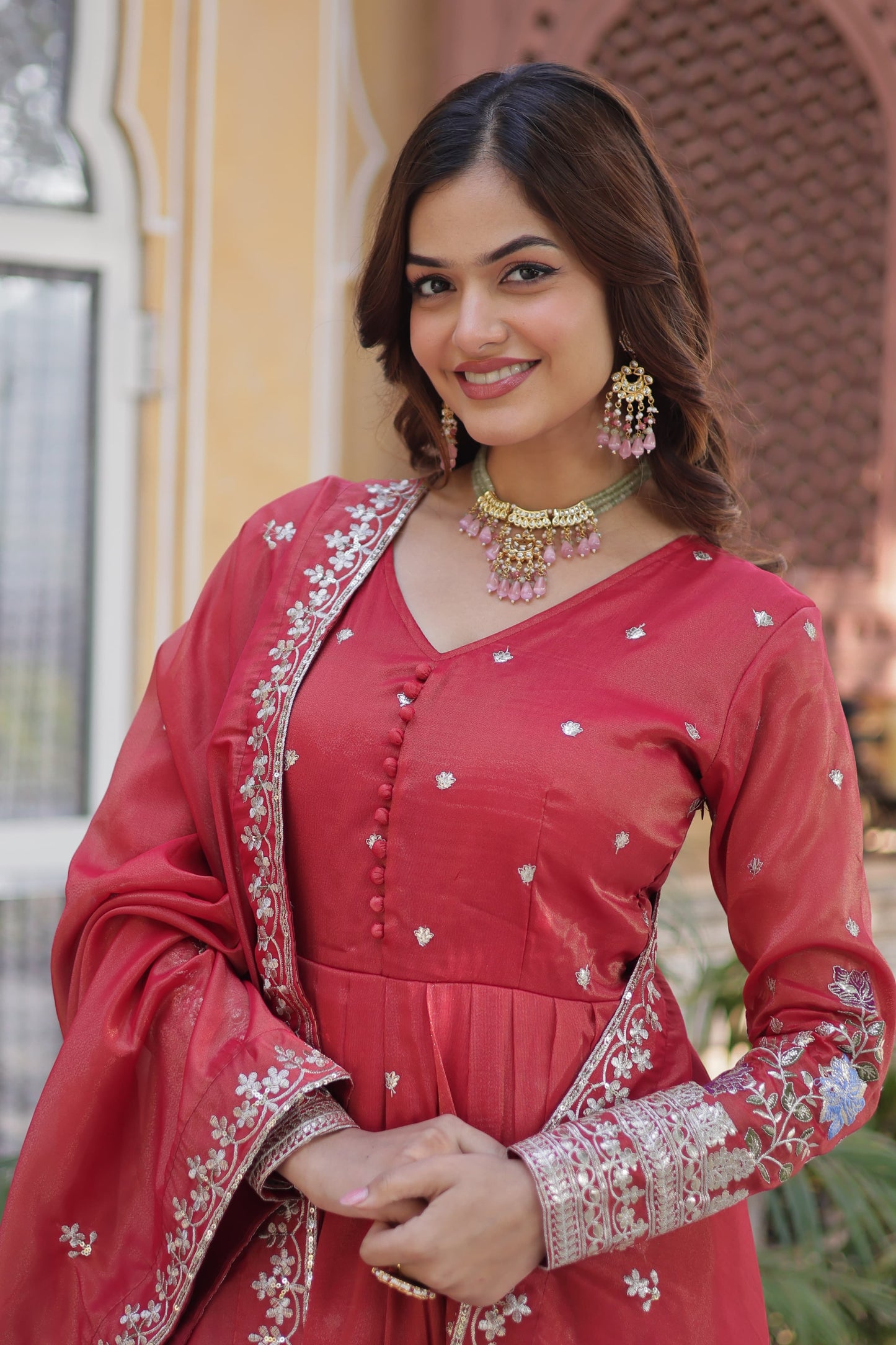 Rani Pink Viscose Cosmos Gown with Zari & Sequin Foil Embroidery – Festive Wear