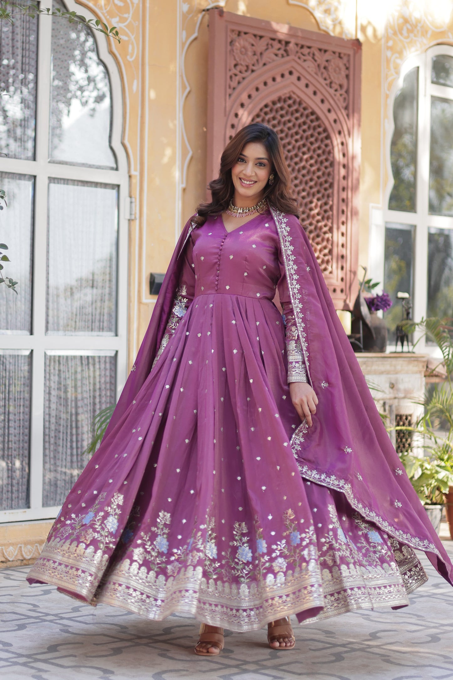 Purple Viscose Cosmos Gown with Zari & Sequin Foil Embroidery – Festive Wear
