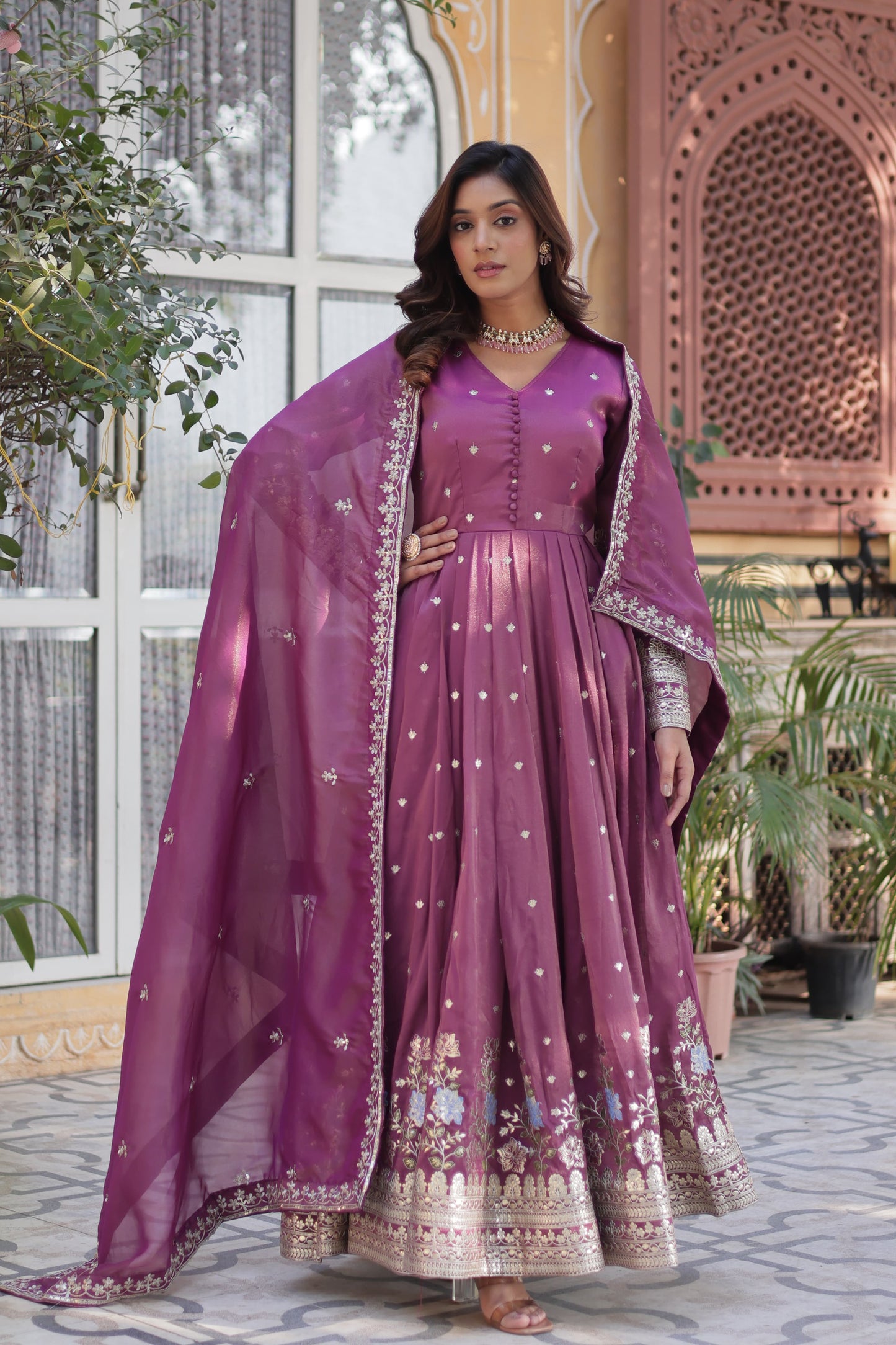 Purple Viscose Cosmos Gown with Zari & Sequin Foil Embroidery – Festive Wear