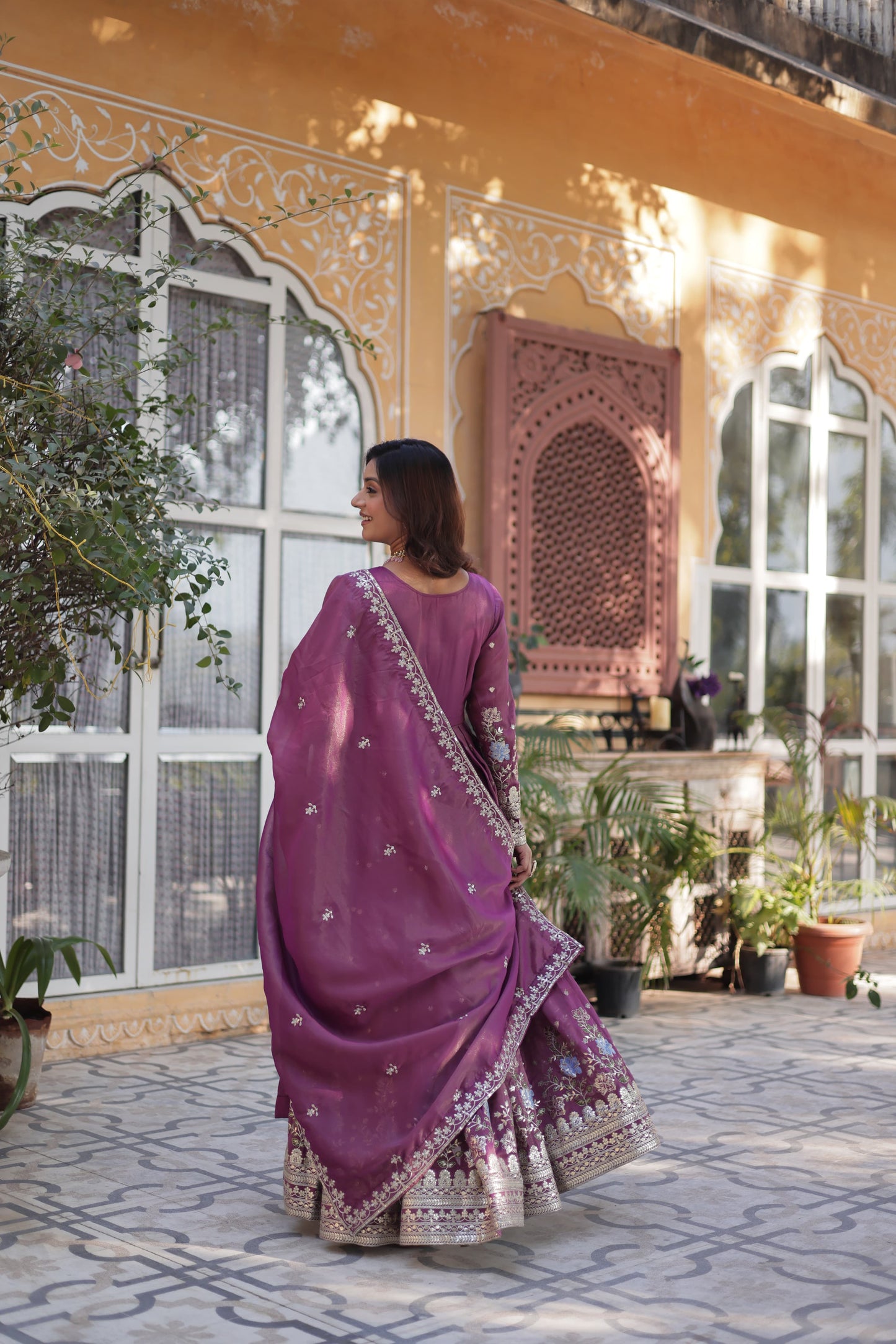 Purple Viscose Cosmos Gown with Zari & Sequin Foil Embroidery – Festive Wear