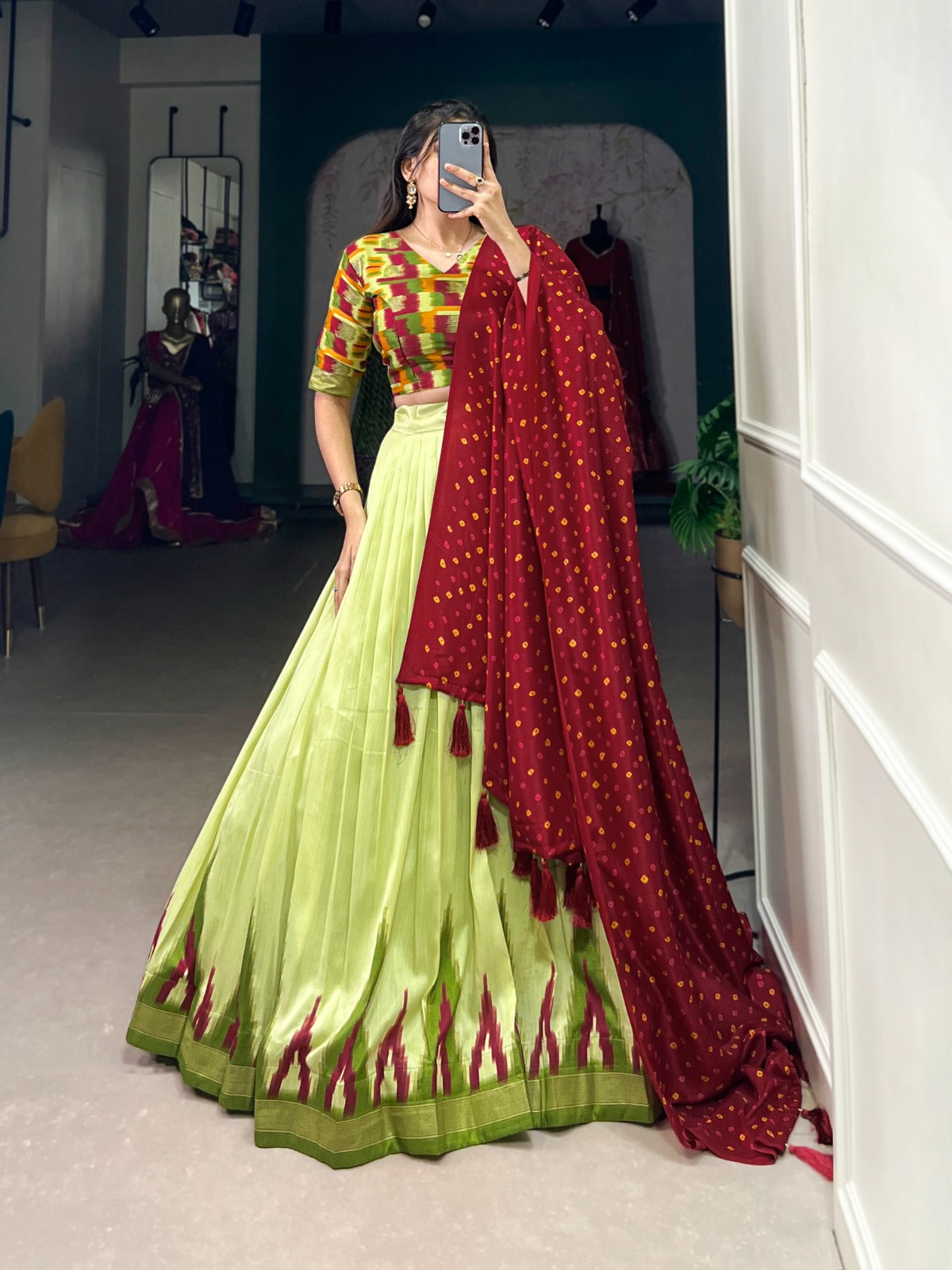 Pista Tussar Silk Lehenga with Dupatta – Trendy Printed & Foil Work Ethnic Set for Women