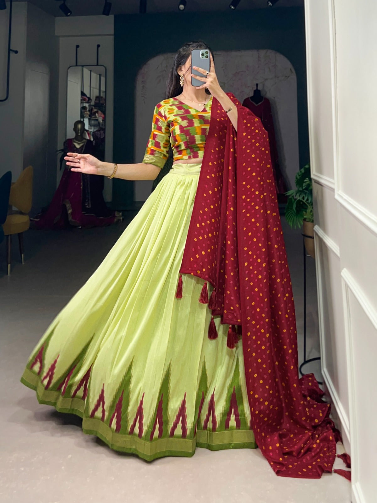 Pista Tussar Silk Lehenga with Dupatta โ Trendy Printed & Foil Work Ethnic Set for Women