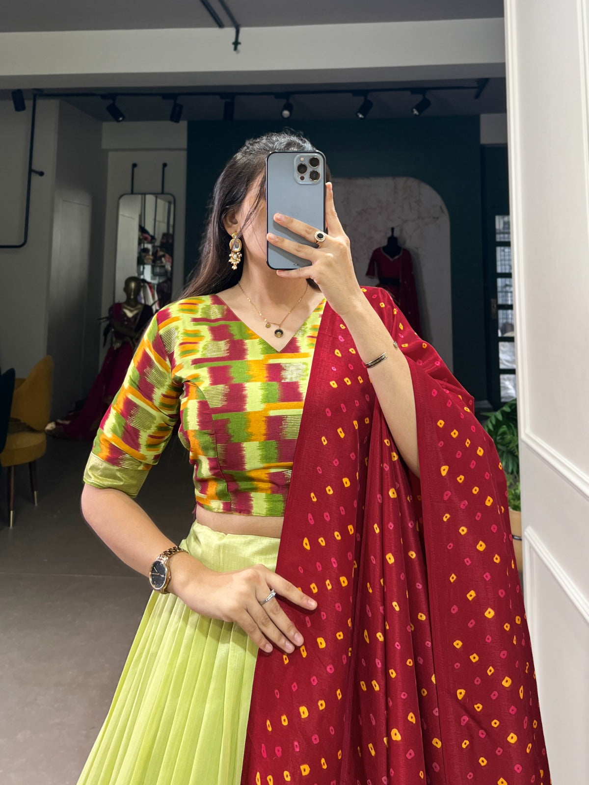 Pista Tussar Silk Lehenga with Dupatta – Trendy Printed & Foil Work Ethnic Set for Women