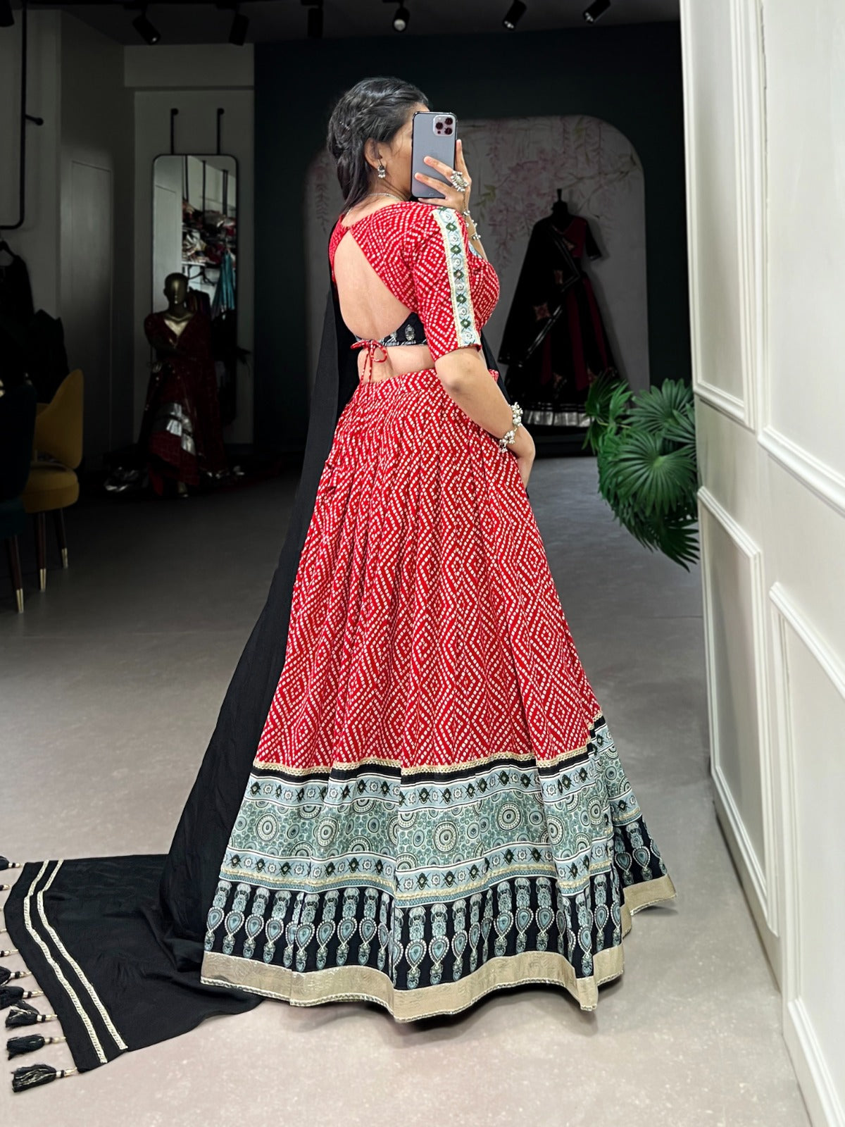 Trendy Red Rayon Lehenga with Bandhej & Ajrakh Print, Embossed Design and Gota Lace – Comes with Matching Dupatta