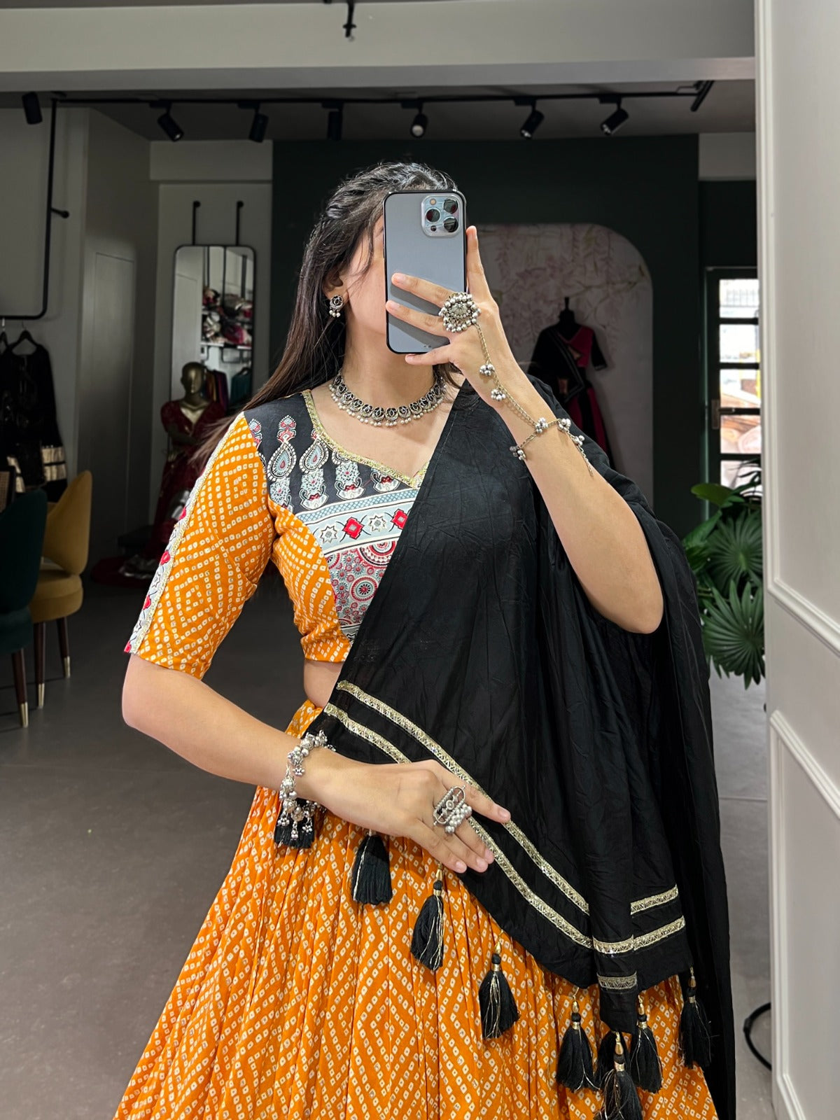 Trendy Yellow Rayon Lehenga with Bandhej & Ajrakh Print, Embossed Design and Gota Lace – Comes with Matching Dupatta