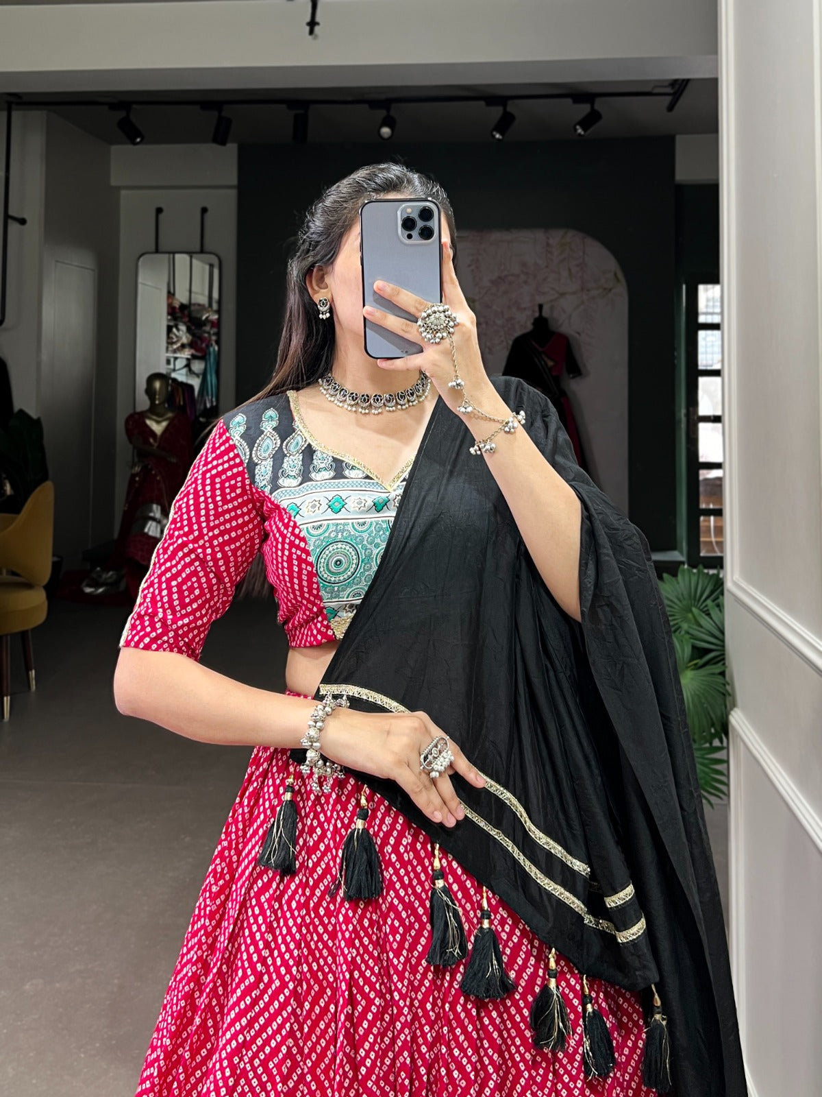 Trendy Pink Rayon Lehenga with Bandhej & Ajrakh Print, Embossed Design and Gota Lace – Comes with Matching Dupatta