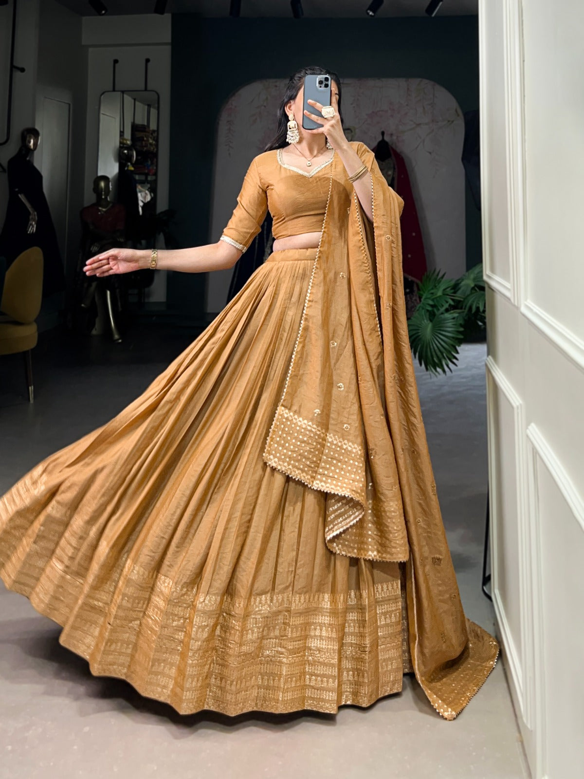 Mustard Pure Chanderi Lehenga Set with Zari Weaving Work & Embroidered Dupatta