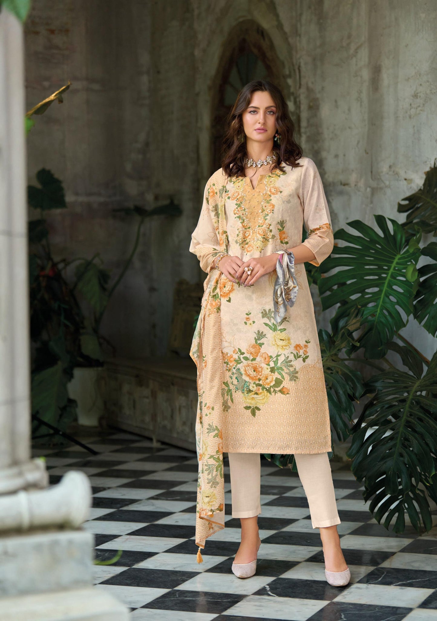 Yellow Schiffli Linen Suit Set โ Handwork Kurti, Cambric Cotton Pant & Viscose Mal Dupatta