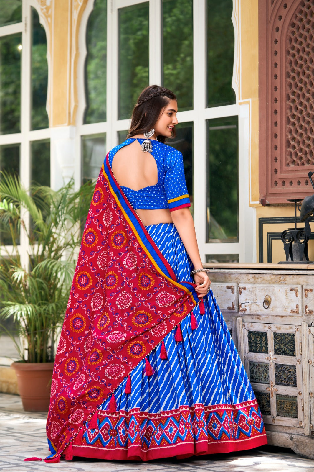 Blue Tussar Silk Lehenga – Leheriya Print, Patola Border, Trendy Style with Dupatta