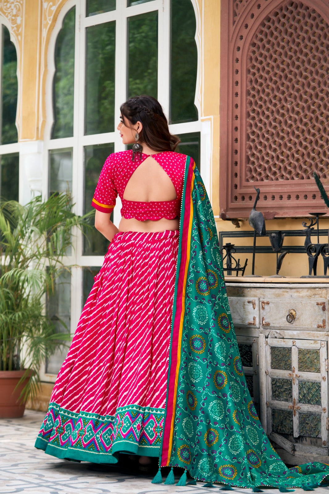 Pink Tussar Silk Lehenga – Leheriya Print, Patola Border, Trendy Style with Dupatta