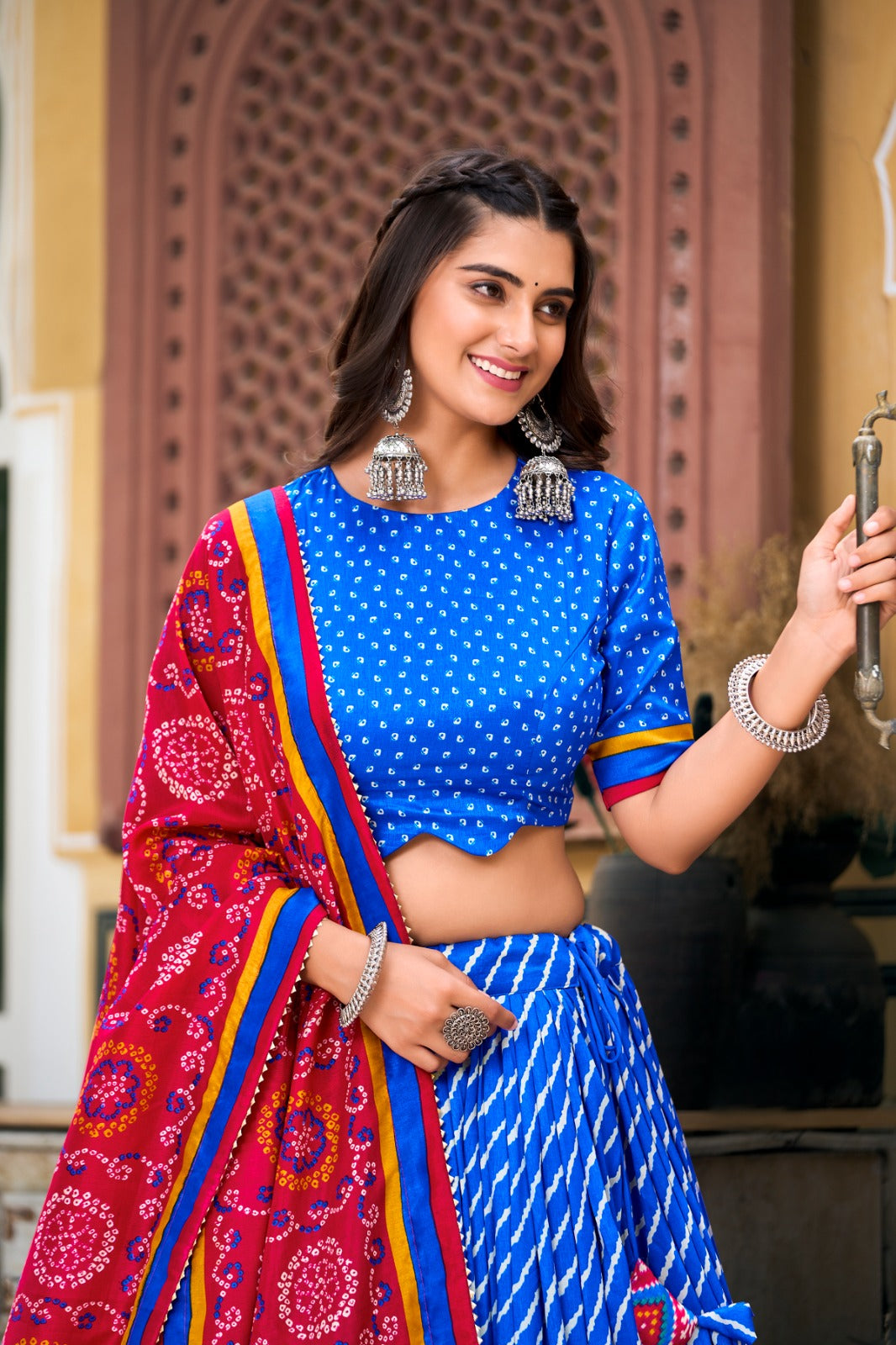Blue Tussar Silk Lehenga – Leheriya Print, Patola Border, Trendy Style with Dupatta