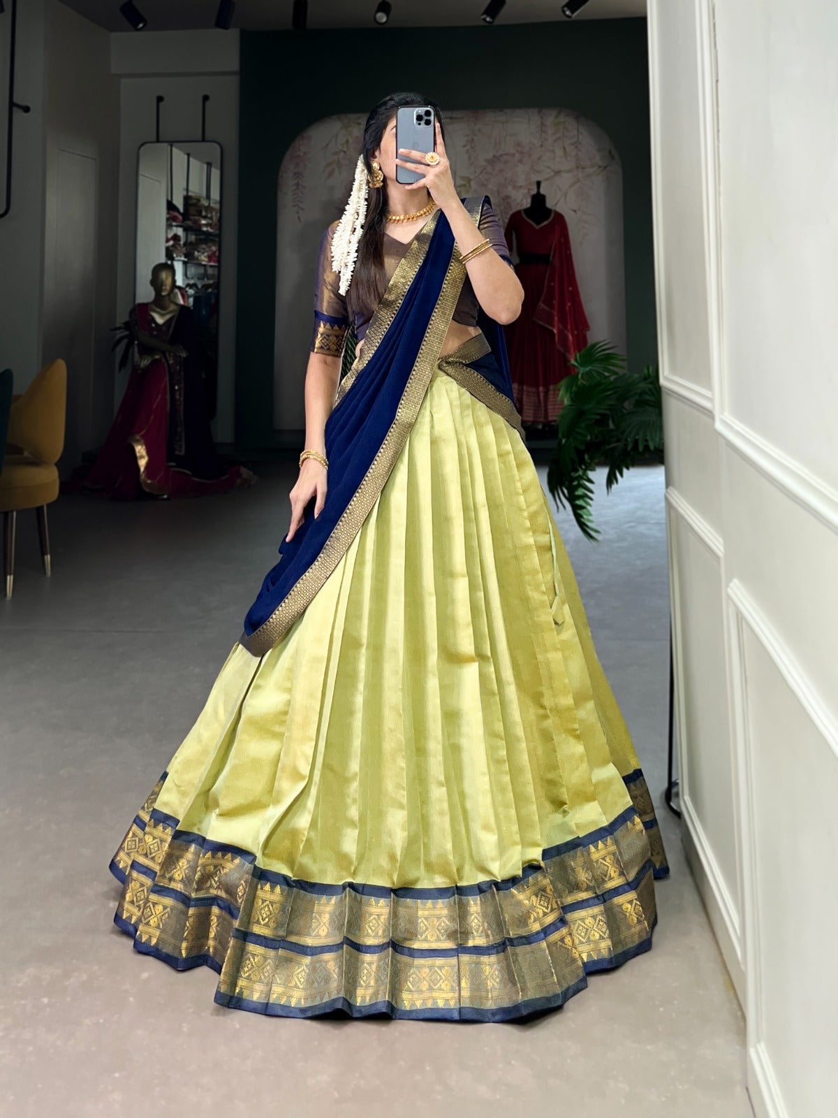 Trendy Pista Green Kanchipuram Silk Lehenga with Zari Weaving Work and Matching Dupatta