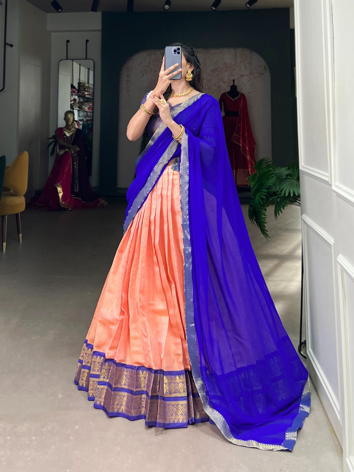 Trendy Peach Kanchipuram Silk Lehenga with Zari Weaving Work and Matching Dupatta