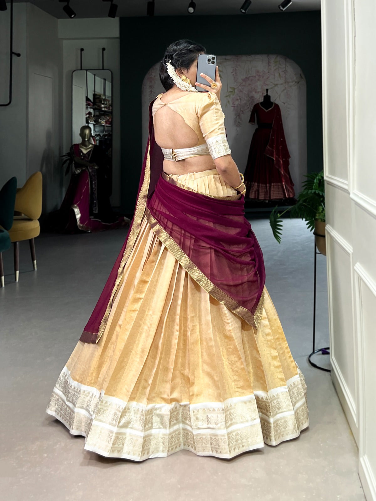 Trendy Cream Kanchipuram Silk Lehenga with Zari Weaving Work and Matching Dupatta