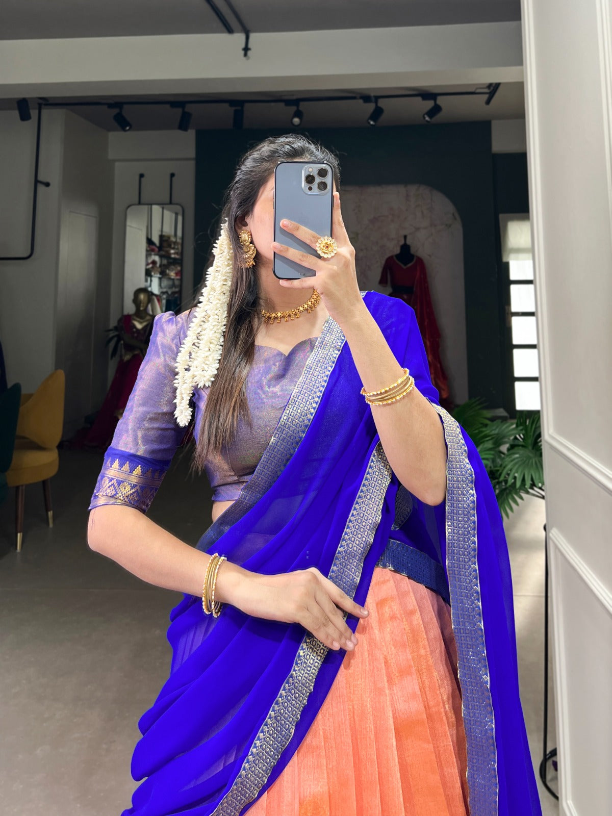 Trendy Peach Kanchipuram Silk Lehenga with Zari Weaving Work and Matching Dupatta