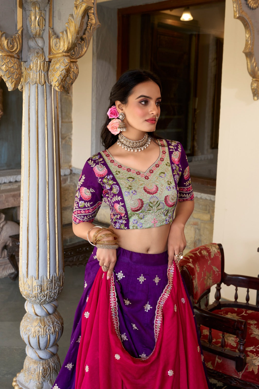 Purple Vichitra Silk Lehenga with Sequins & Thread Embroidery – Elegant Ethnic Wear for Women