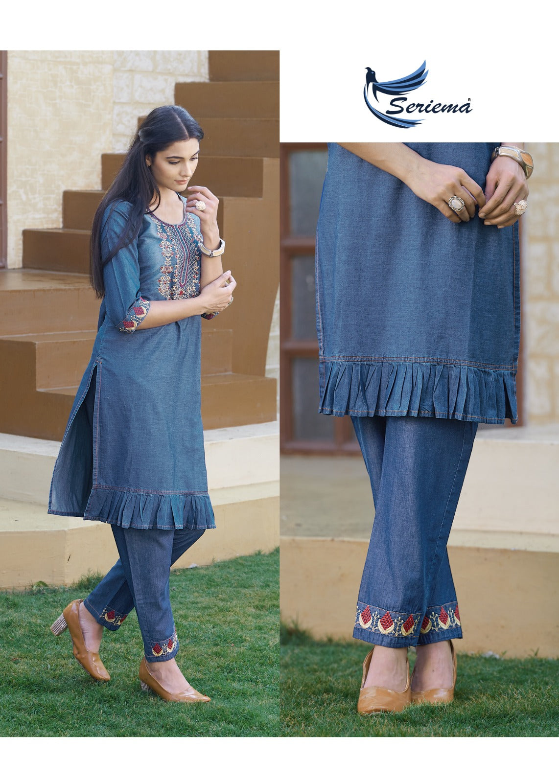Blue Cotton Denim Co-ord Set with Heavy Embroidery Work – 100% Pure Cotton for Women