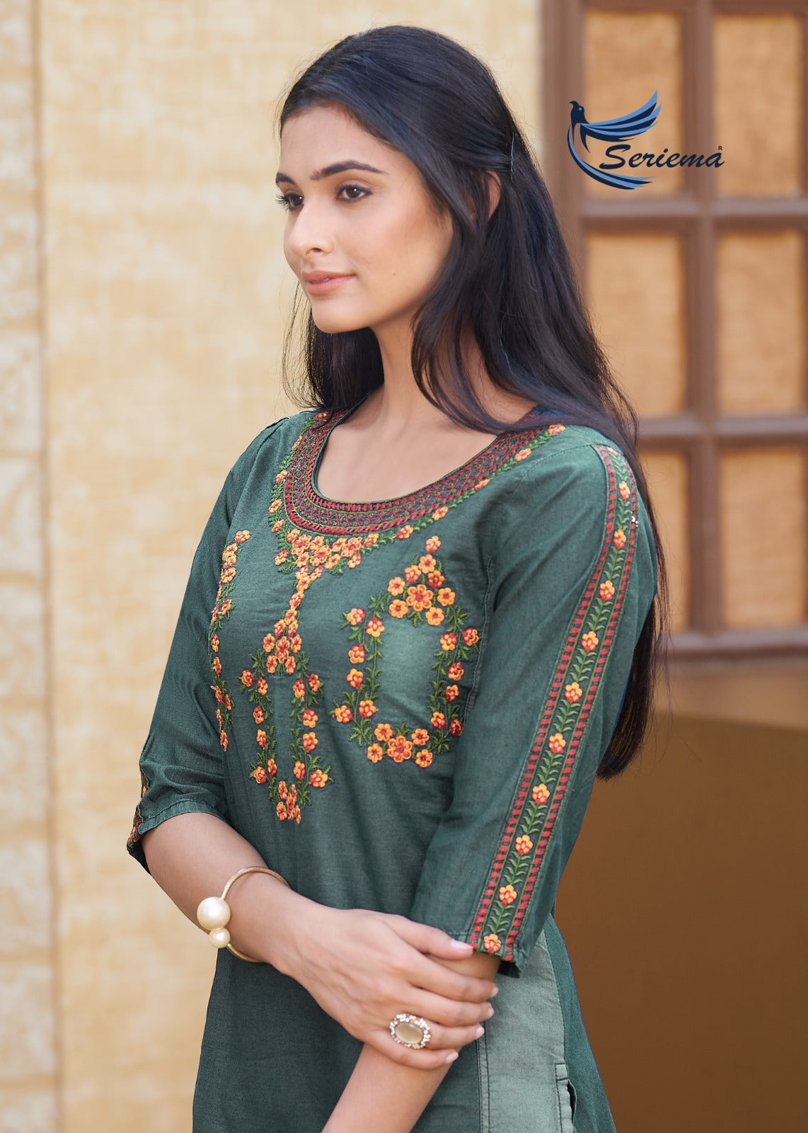 Green Cotton Denim Co-ord Set with Heavy Embroidery Work – 100% Pure Cotton for Women
