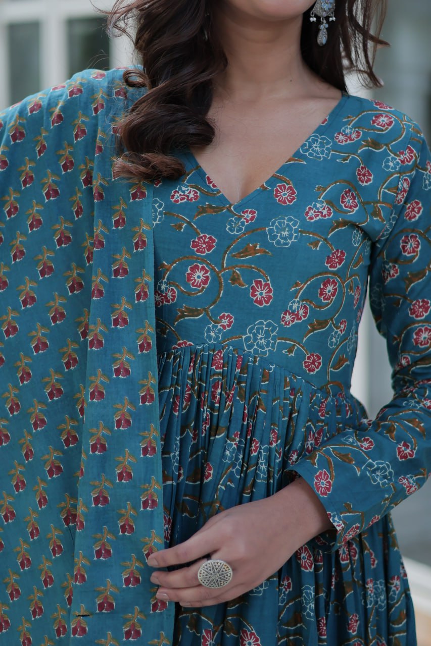 Blue Cotton Gown Set with Pant & Dupatta โ Pure Cotton Comfort and Style
