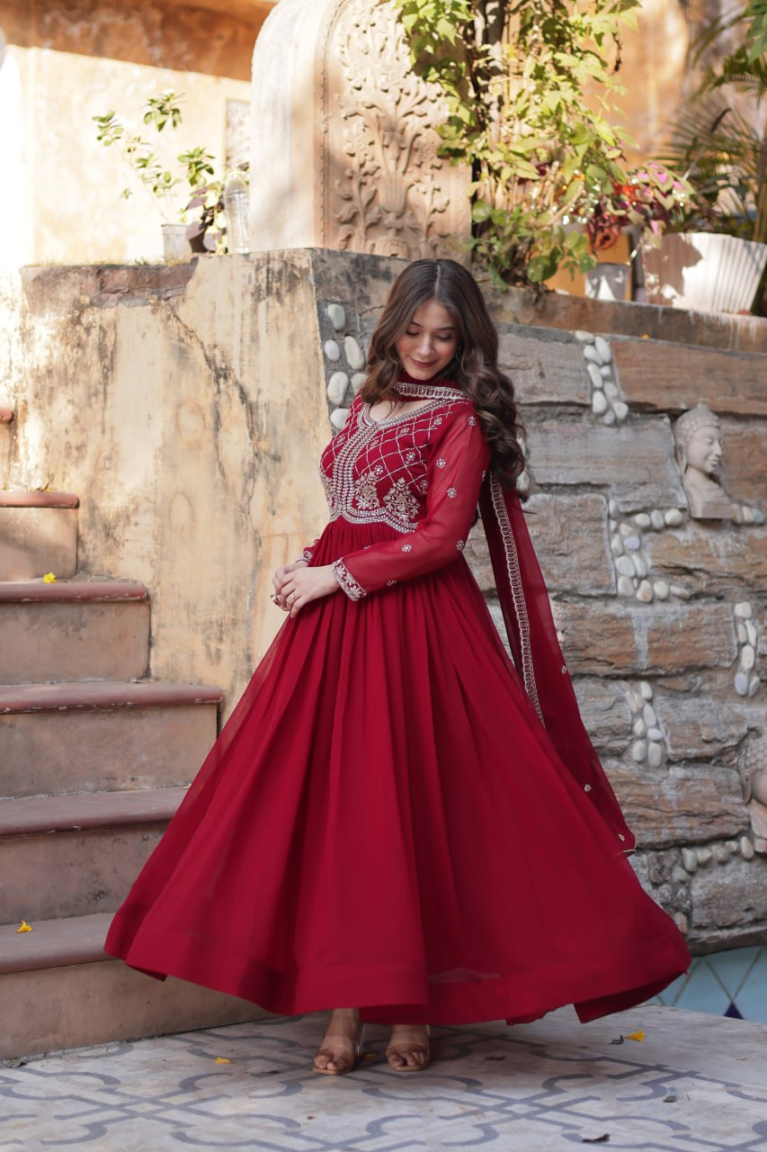 Red Georgette Gown with Multi-Sequins & Embroidery – Party & Festive Wear