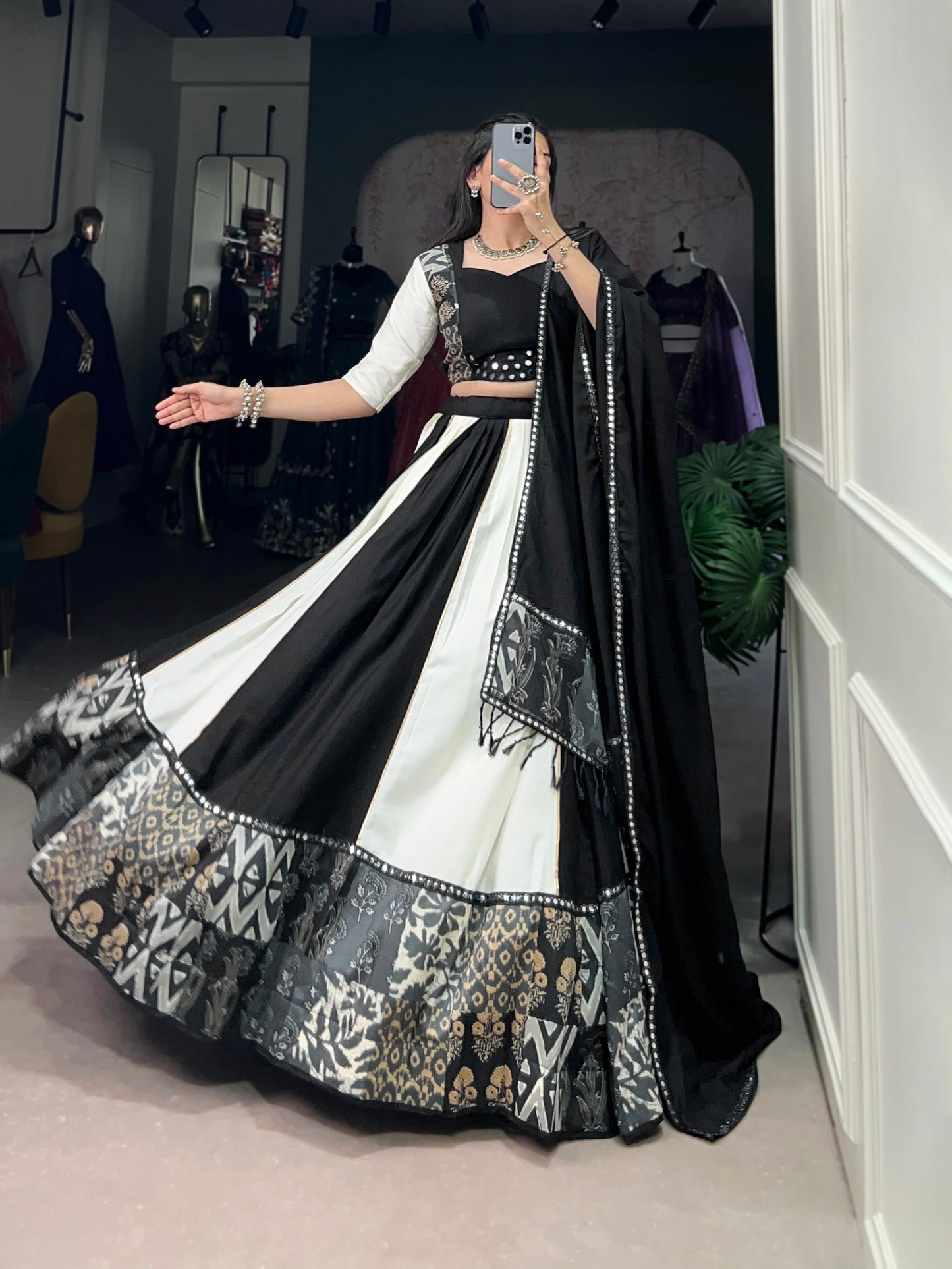 Trendy Black Pure Rayon Lehenga – Plain & Printed with Paper Mirror Lace Work and Gota Patti Detailing