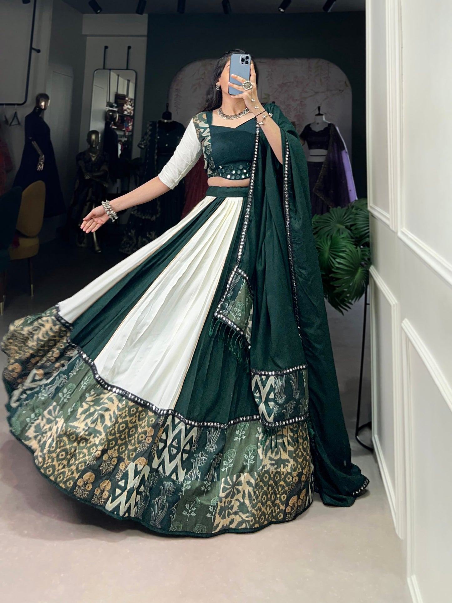 Trendy Green Pure Rayon Lehenga – Plain & Printed with Paper Mirror Lace Work and Gota Patti Detailing