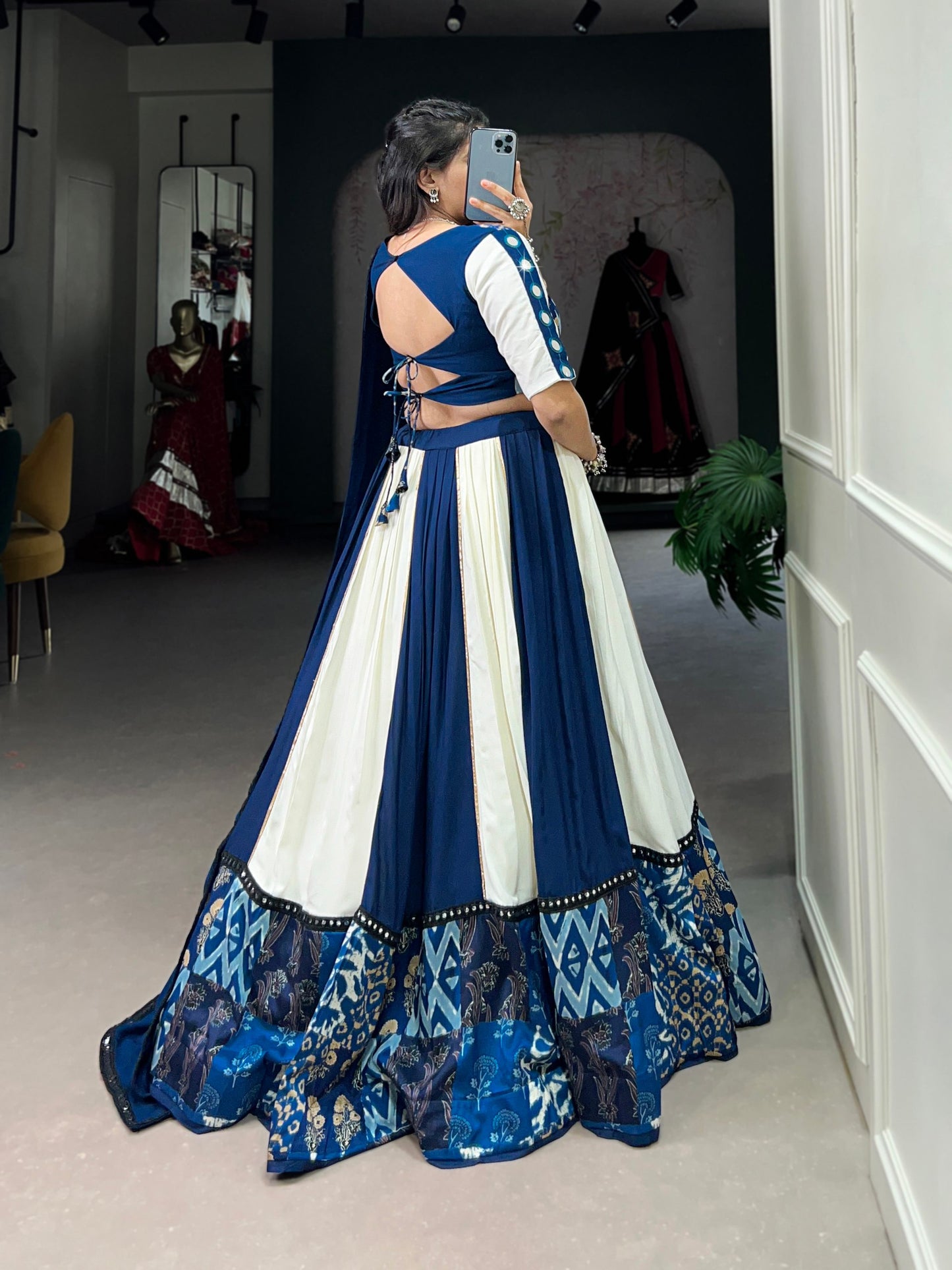 Trendy Blue Pure Rayon Lehenga – Plain & Printed with Paper Mirror Lace Work and Gota Patti Detailing