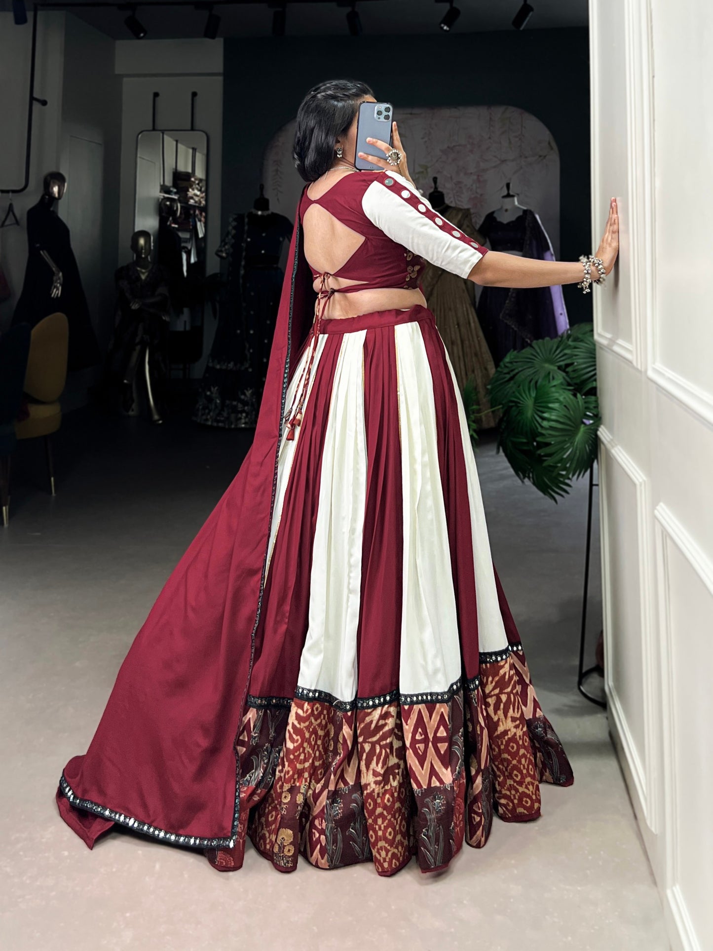 Trendy Maroon Pure Rayon Lehenga – Plain & Printed with Paper Mirror Lace Work and Gota Patti Detailing