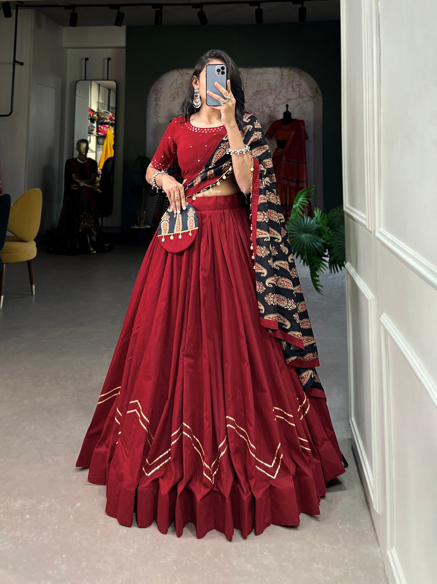 Trendy Red Pure Cotton Lehenga – Plain Design with Gota Patti Touch Up
