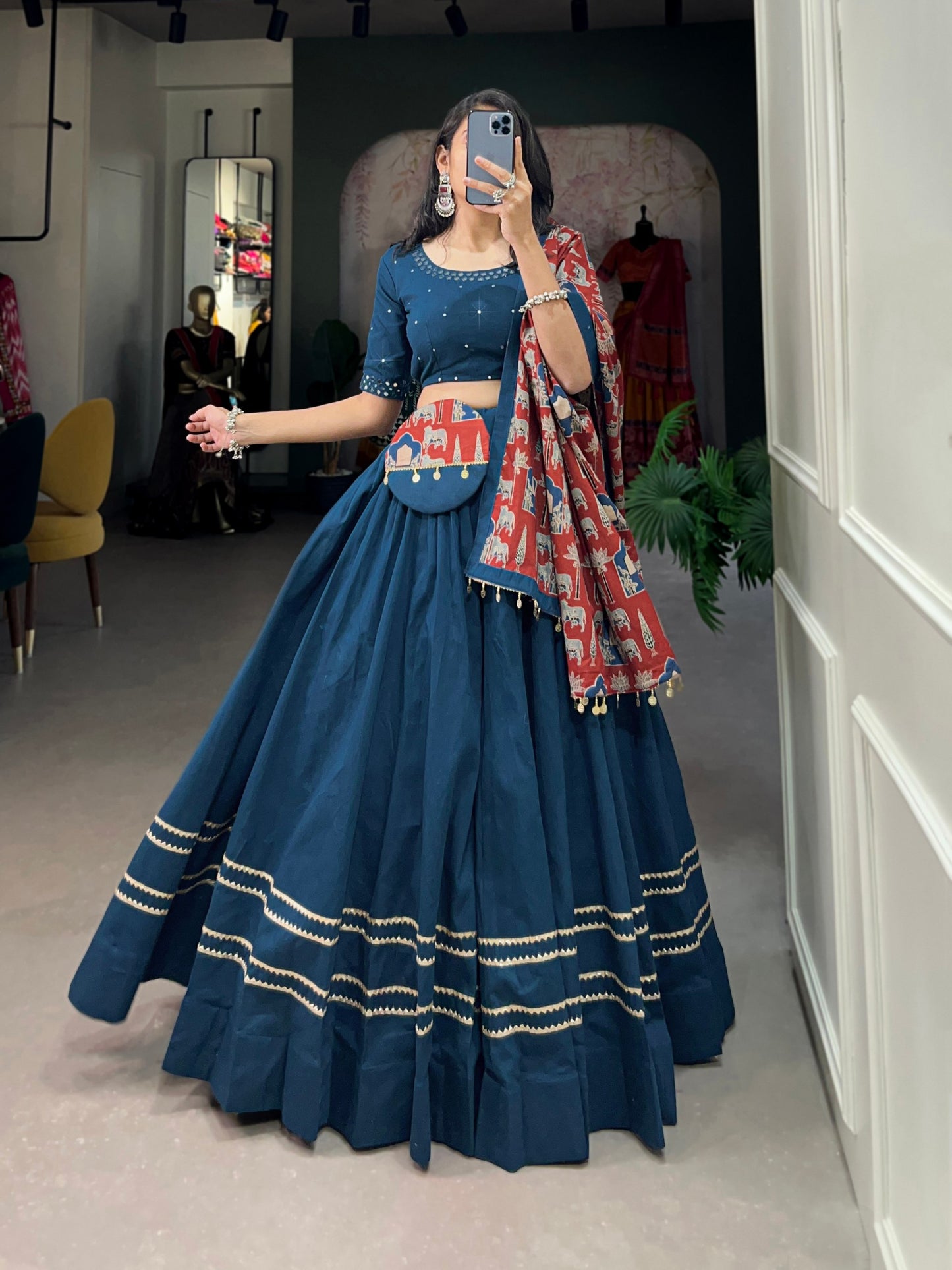 Trendy Blue Pure Cotton Lehenga – Plain Design with Gota Patti Touch Up