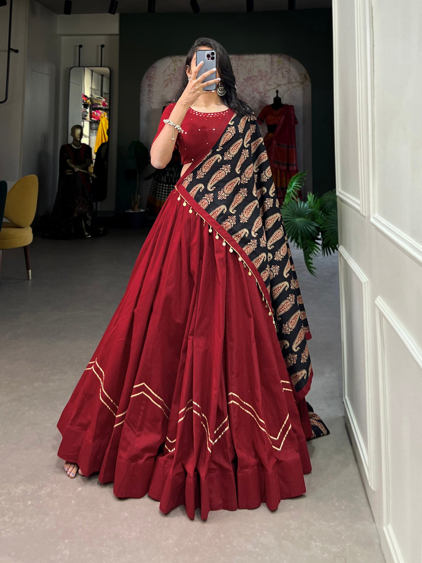 Trendy Red Pure Cotton Lehenga – Plain Design with Gota Patti Touch Up