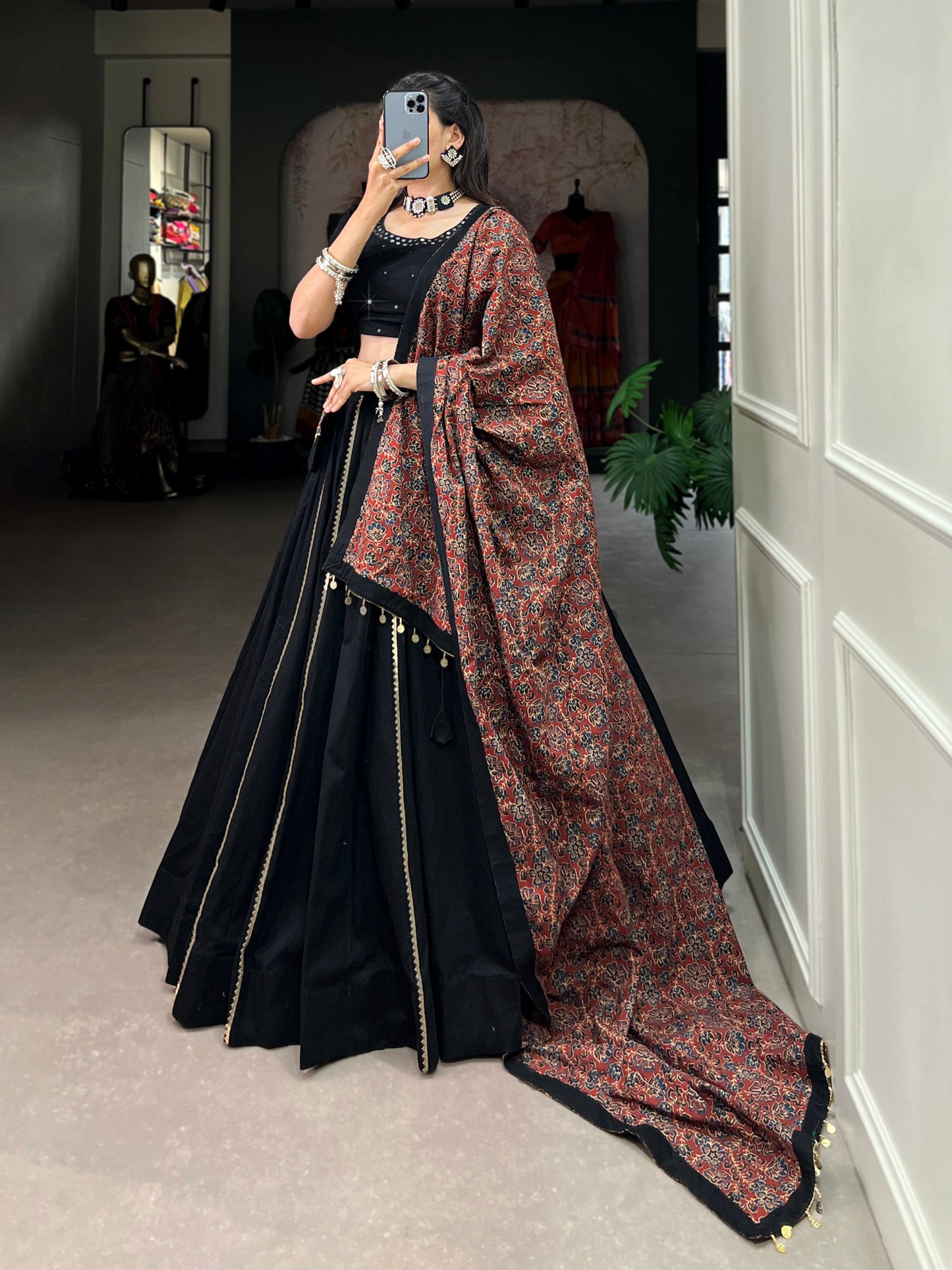 Trendy Black Pure Cotton Lehenga – Plain Design with Gota Patti Touch Up