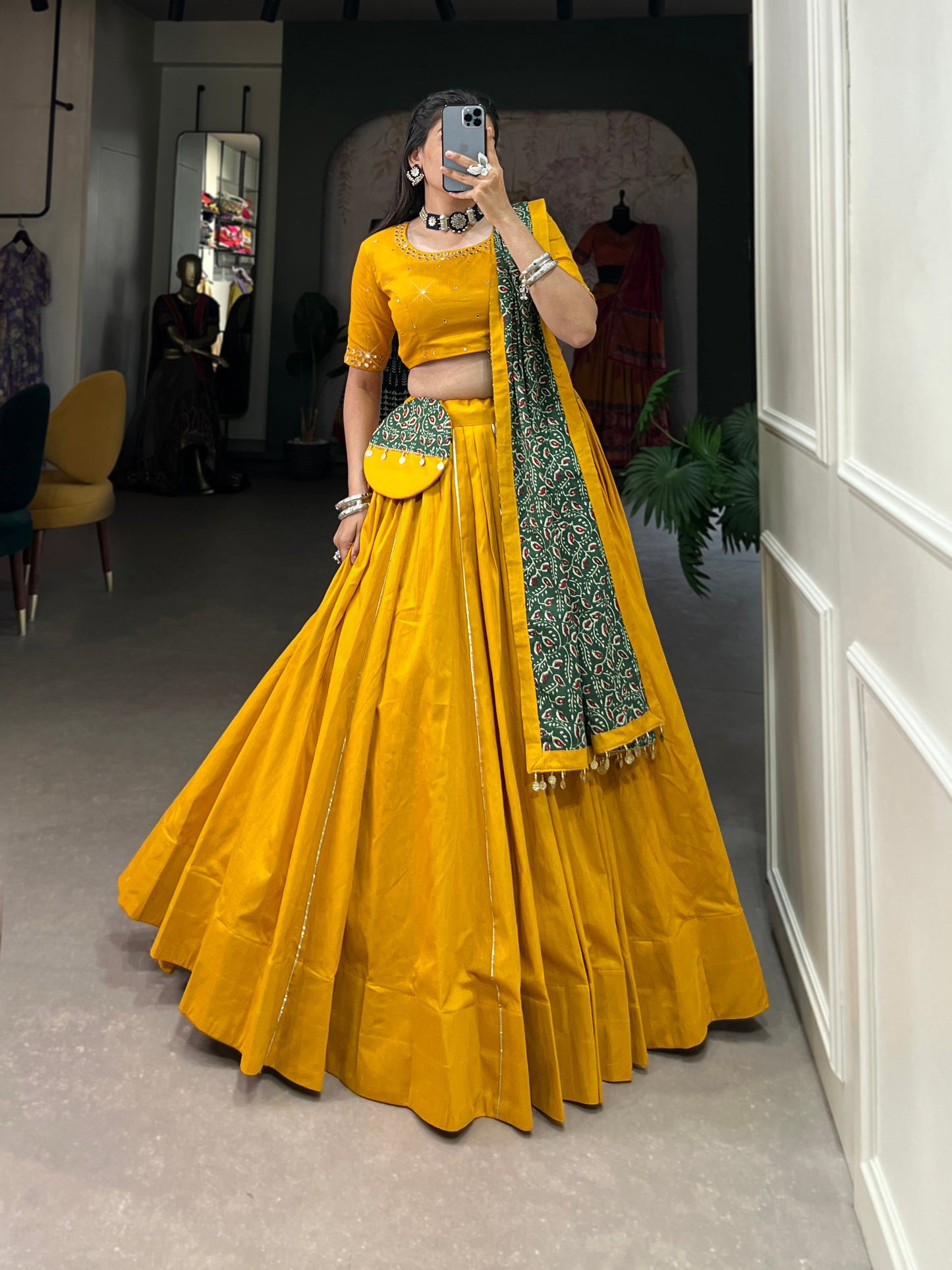 Trendy Mustard Pure Cotton Lehenga – Plain Design with Gota Patti Touch Up