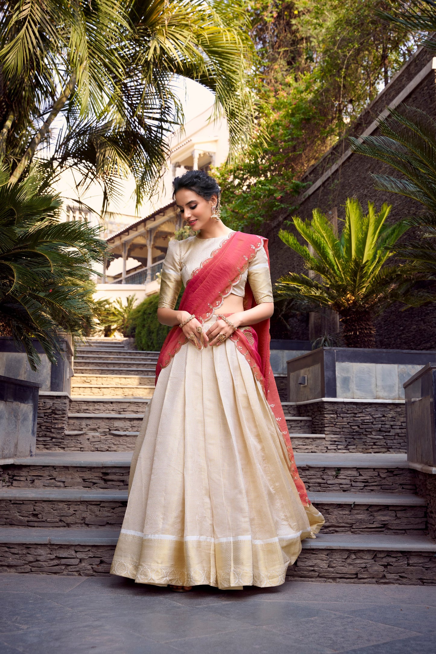 Trendy Cream Jacquard Chex Lehenga with Zari Weaving Work – Elegant Ethnic Wear for Women