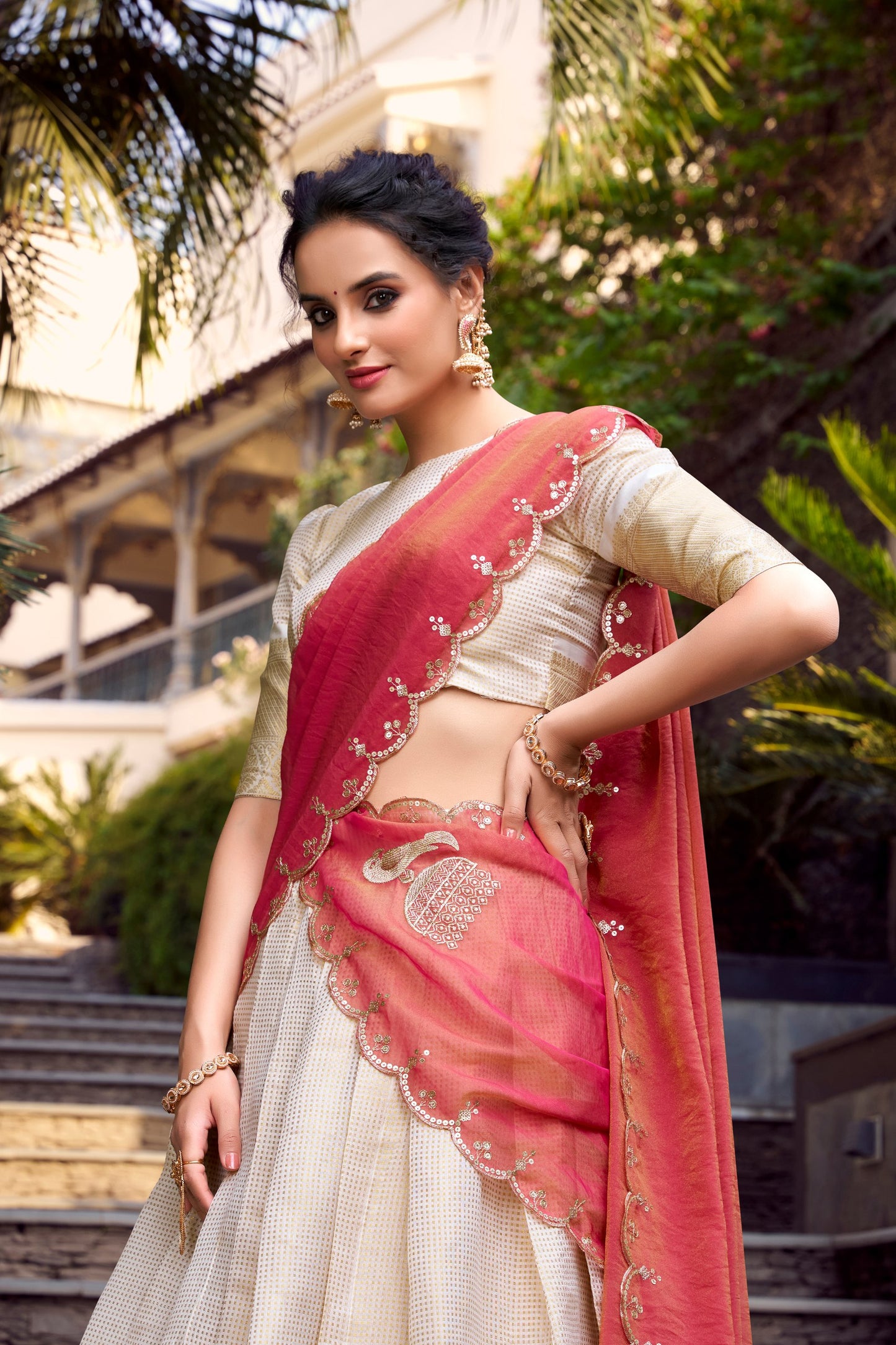 Trendy Cream Jacquard Chex Lehenga with Zari Weaving Work – Elegant Ethnic Wear for Women