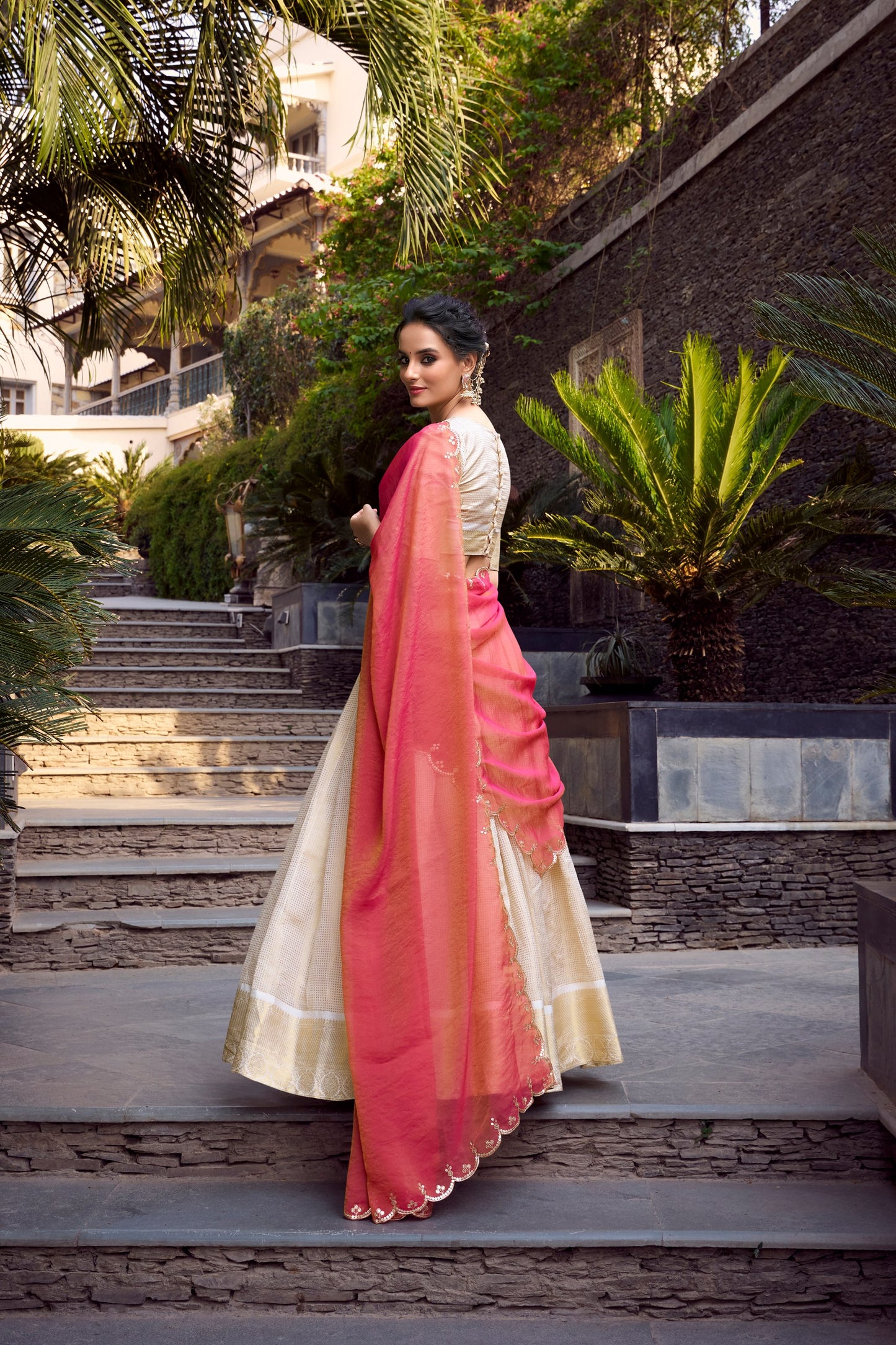 Trendy Cream Jacquard Chex Lehenga with Zari Weaving Work – Elegant Ethnic Wear for Women