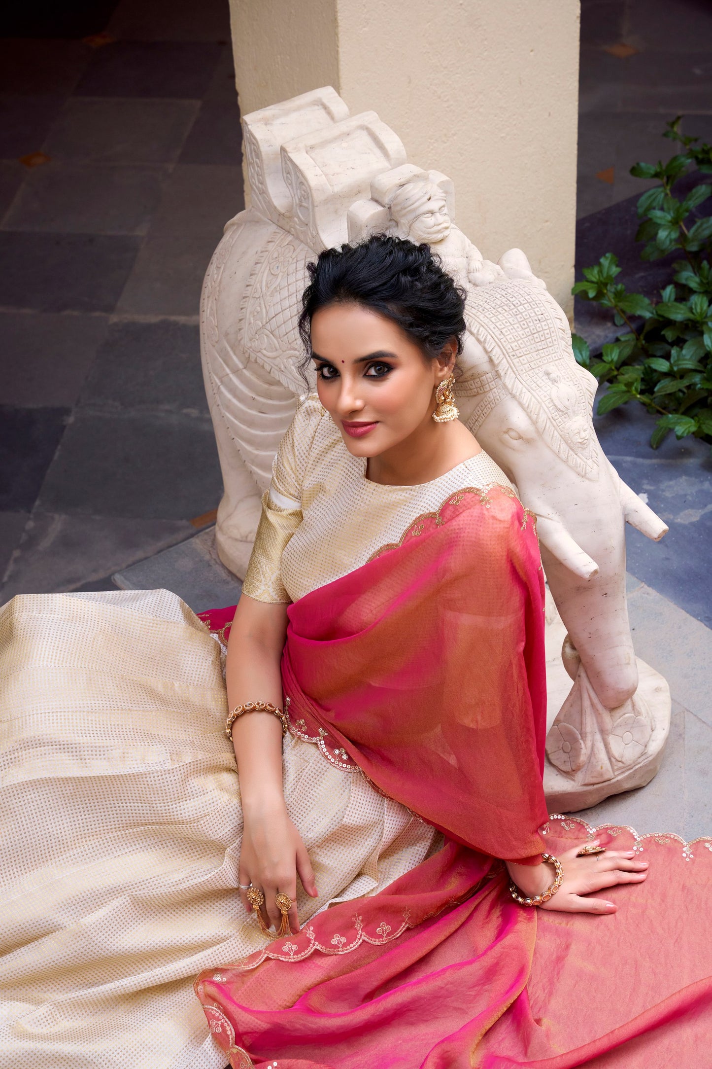 Trendy Cream Jacquard Chex Lehenga with Zari Weaving Work – Elegant Ethnic Wear for Women