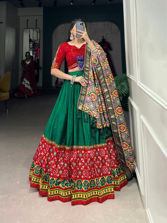 Green Dola Silk Lehenga with Foil Print & Mirror Work | Trendy Gamthi Lace Party Wear