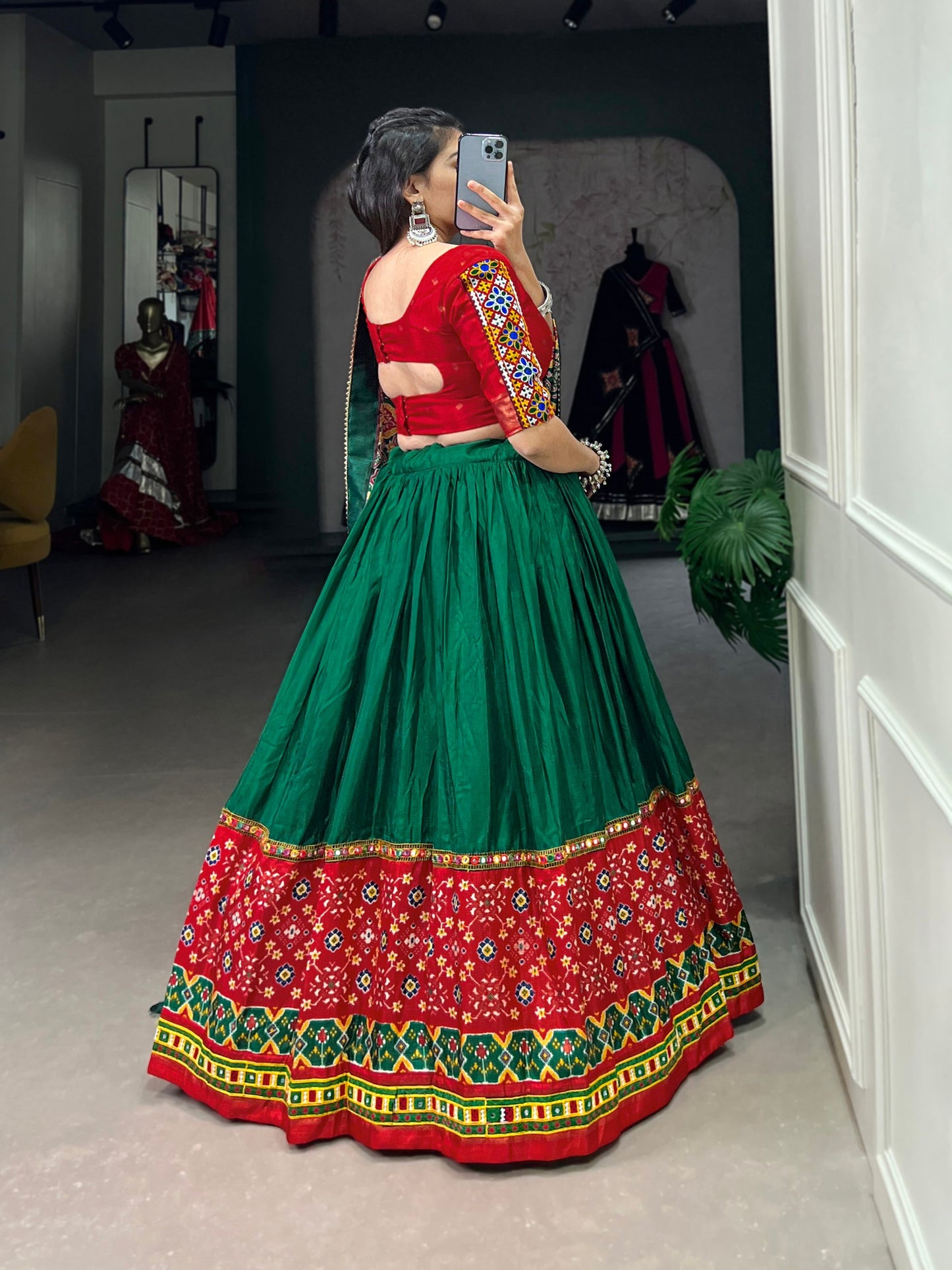 Green Dola Silk Lehenga with Foil Print & Mirror Work | Trendy Gamthi Lace Party Wear