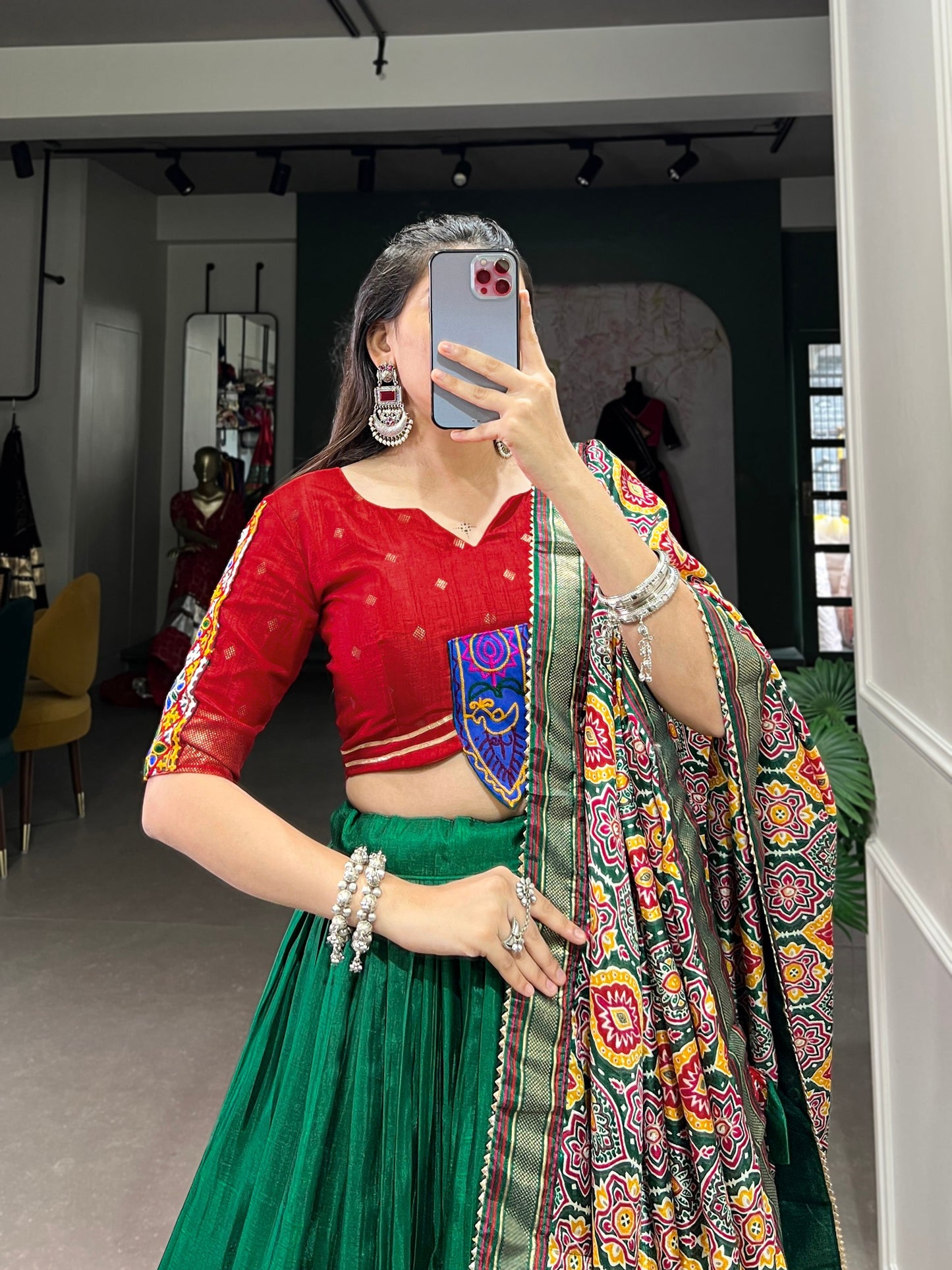 Green Dola Silk Lehenga with Foil Print & Mirror Work | Trendy Gamthi Lace Party Wear