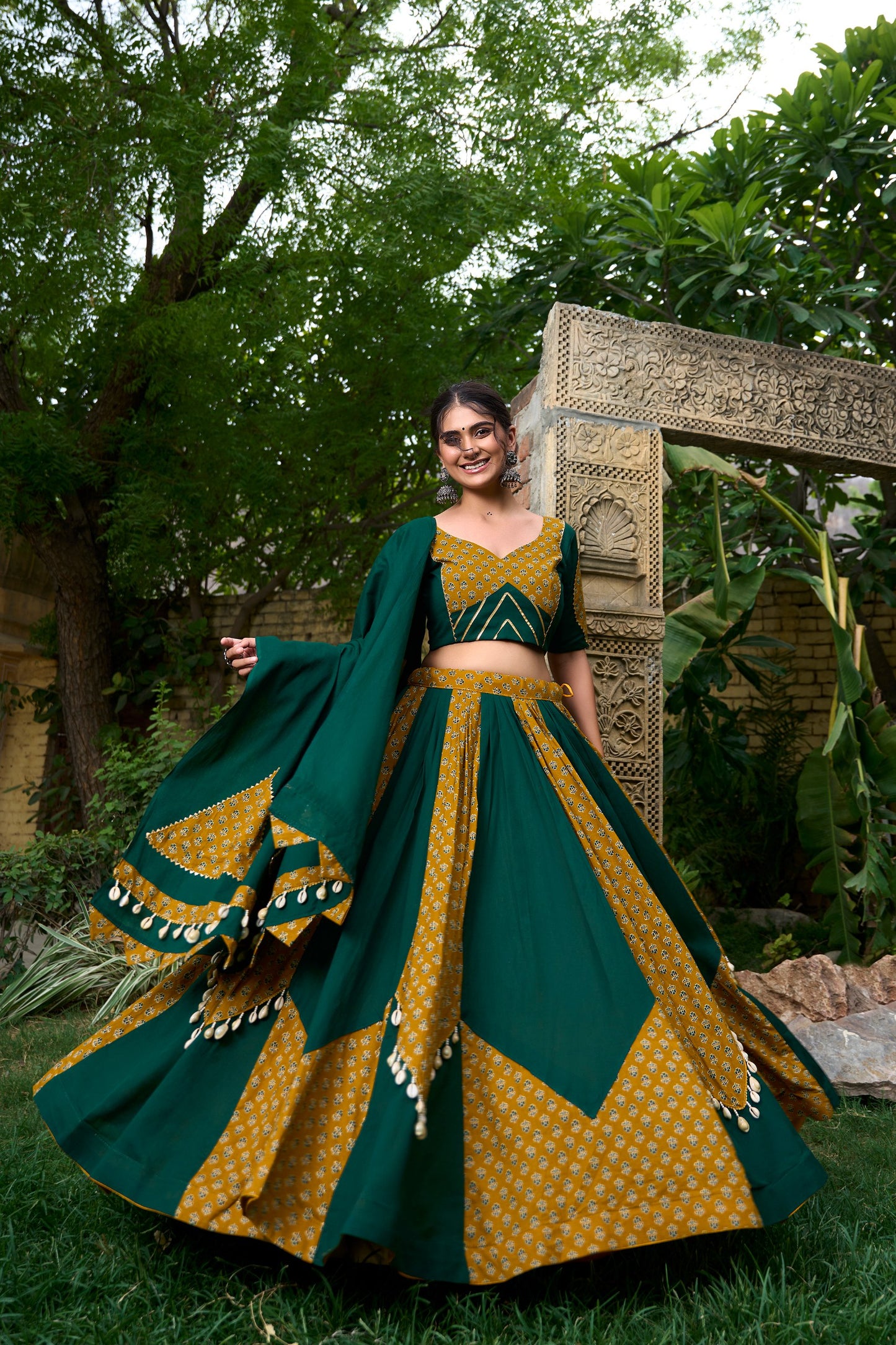Green & Yellow Pure Cotton Lehenga with Cowrie (Kodi) Lace | Trendy Printed Ethnic Wear