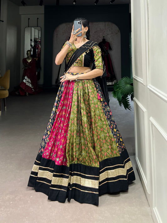 Multi-Color Lehenga in Dola Silk & Pure Cotton with Foil Print, Plain Design & Lace Touch-Up