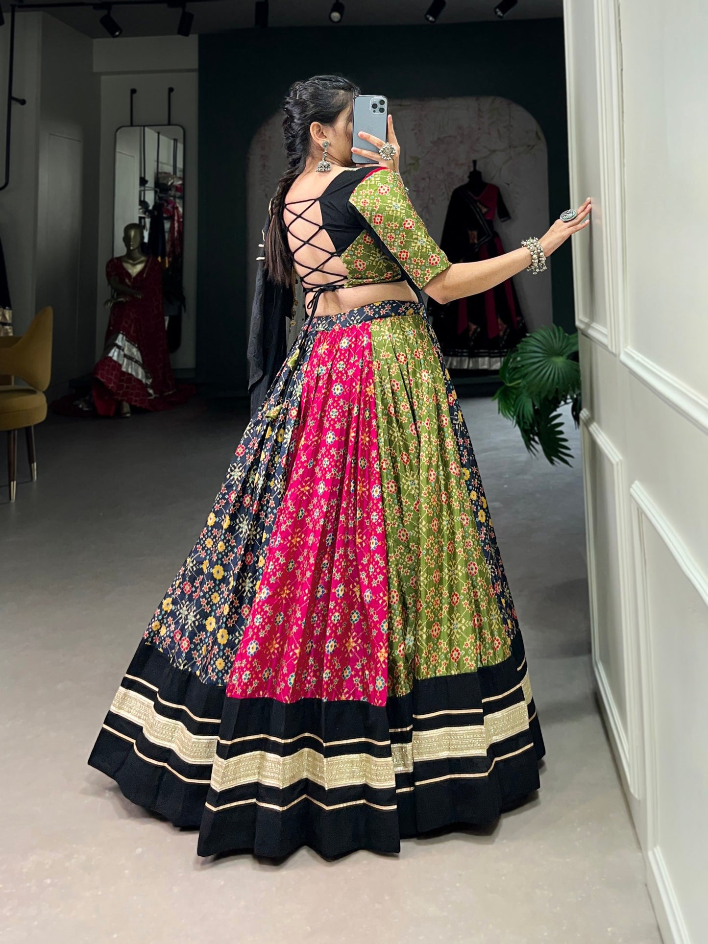 Multi-Color Lehenga in Dola Silk & Pure Cotton with Foil Print, Plain Design & Lace Touch-Up