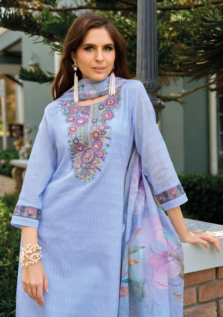 Chic Blue Viscose Suit with Sequin & Embroidery Detailing