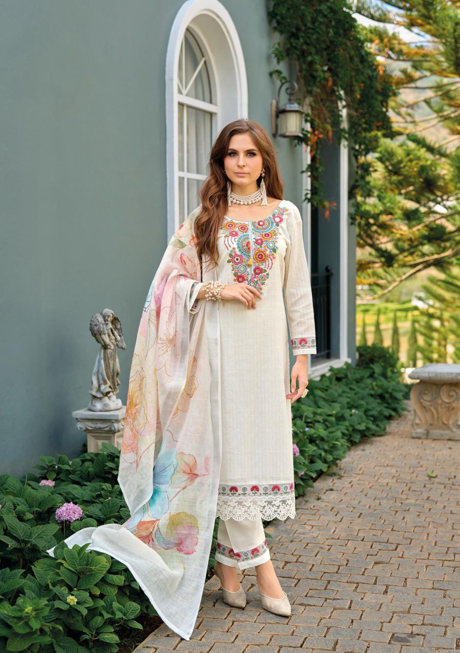 White Viscose Suit with Intricate Embroidery