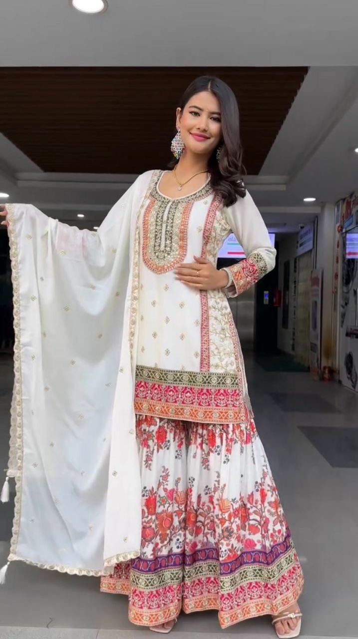 White Faux Georgette Pakistani Suit with Sequin & Embroidery Accents