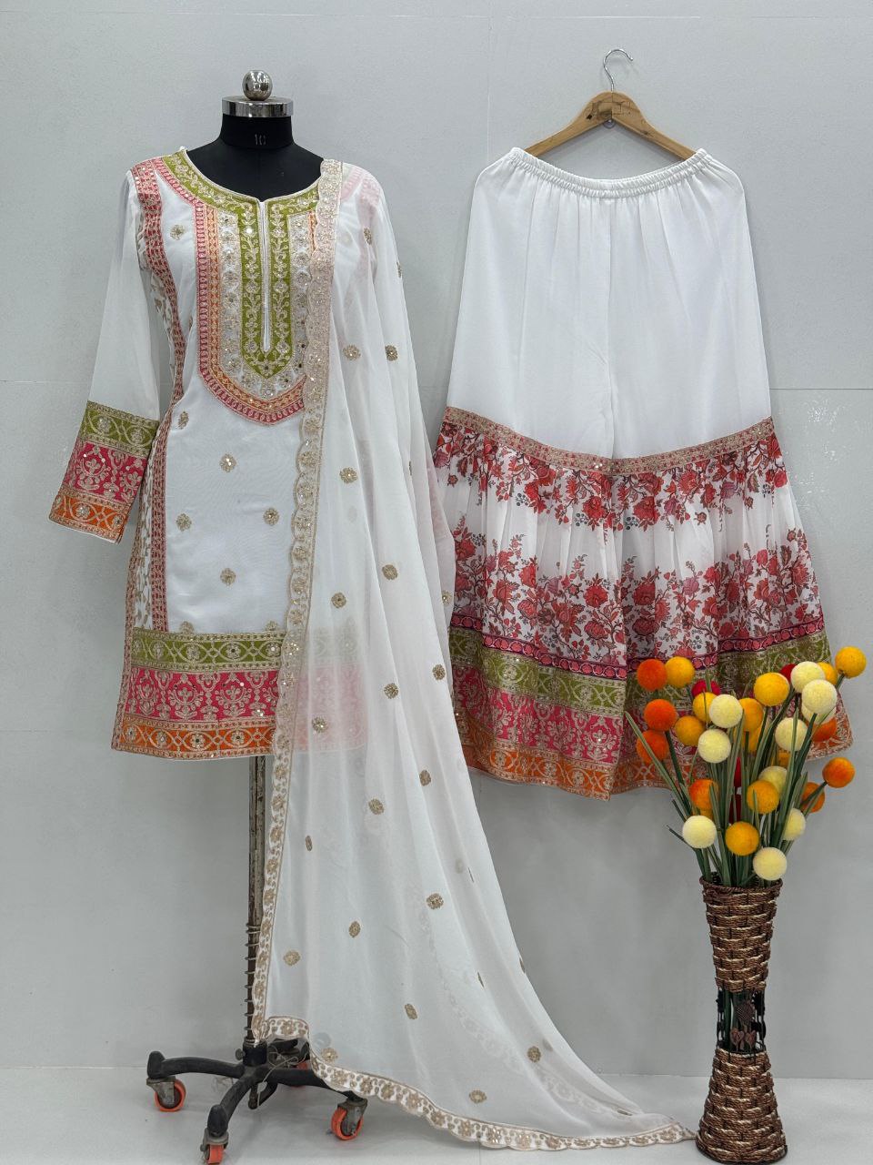 White Faux Georgette Pakistani Suit with Sequin & Embroidery Accents